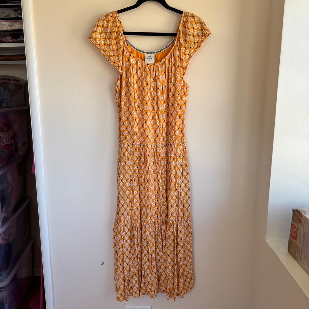 Knox Rose Geometric Tiered Midi Dress Mustard Yellow Pocket Short Sleeve Sz M